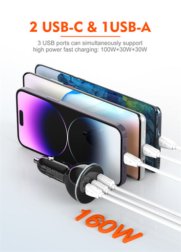 Cargador de coche súper rápido 160W (3 USB)