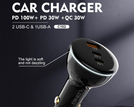Cargador Tipo cigarrera para Coche  USB C NEGRO 100W Ldnio C102