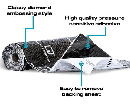 Rollo de material acustico para insonorizacion SoundSkins | de doble capa con amortiguación de sonido | SSK-CLASSICNEGRO | Lámina con relieve de diamante y butilo de caucho puro