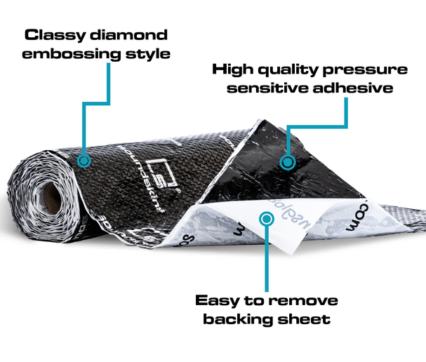 Rollo de material acustico para insonorizacion SoundSkins | de doble capa con amortiguación de sonido | SSK-CLASSICNEGRO | Lámina con relieve de diamante y butilo de caucho puro
