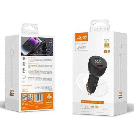 Cargador de auto LDNIO 100W 2 en 1 tipo C y USB QC3.0