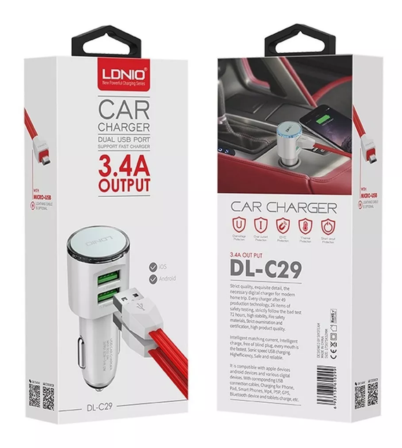 Cargador Tipo Cigarrera Ldnio 3.4a Carga Rapida + Cable Microusb