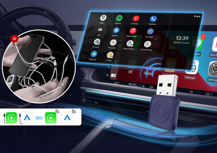 USB CarlinKit tranformador de Apple carplay & AndroidAuto via cable a inalámbrica